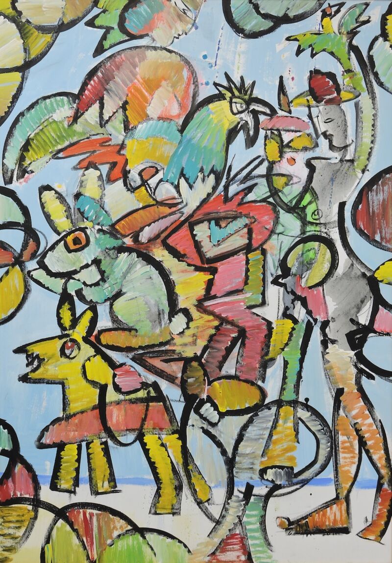 Hase, Hahn und Löwenzahn, Manuela Gottfried 2023, 70 x 100 cm, vergriffen