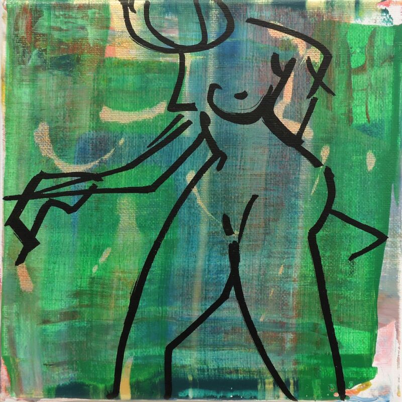 Akt grün schreitend, Manuela Gottfried 2023, Acryl auf Leinwand, 20 x 20 cm, anfragen
