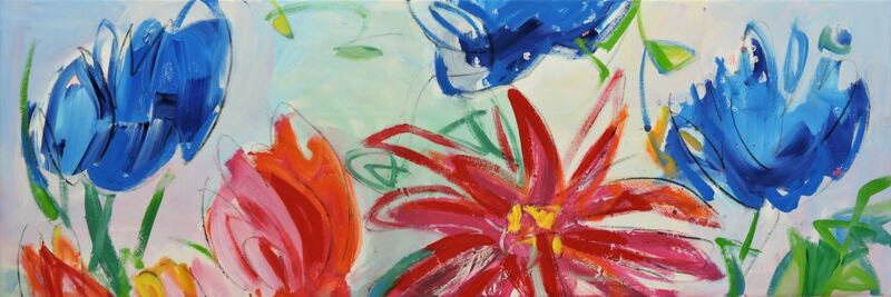 Flora Blue Red, Manuela Gottfried 2024, Acryl auf Leinwand, 150 x 50 cm, anfragen