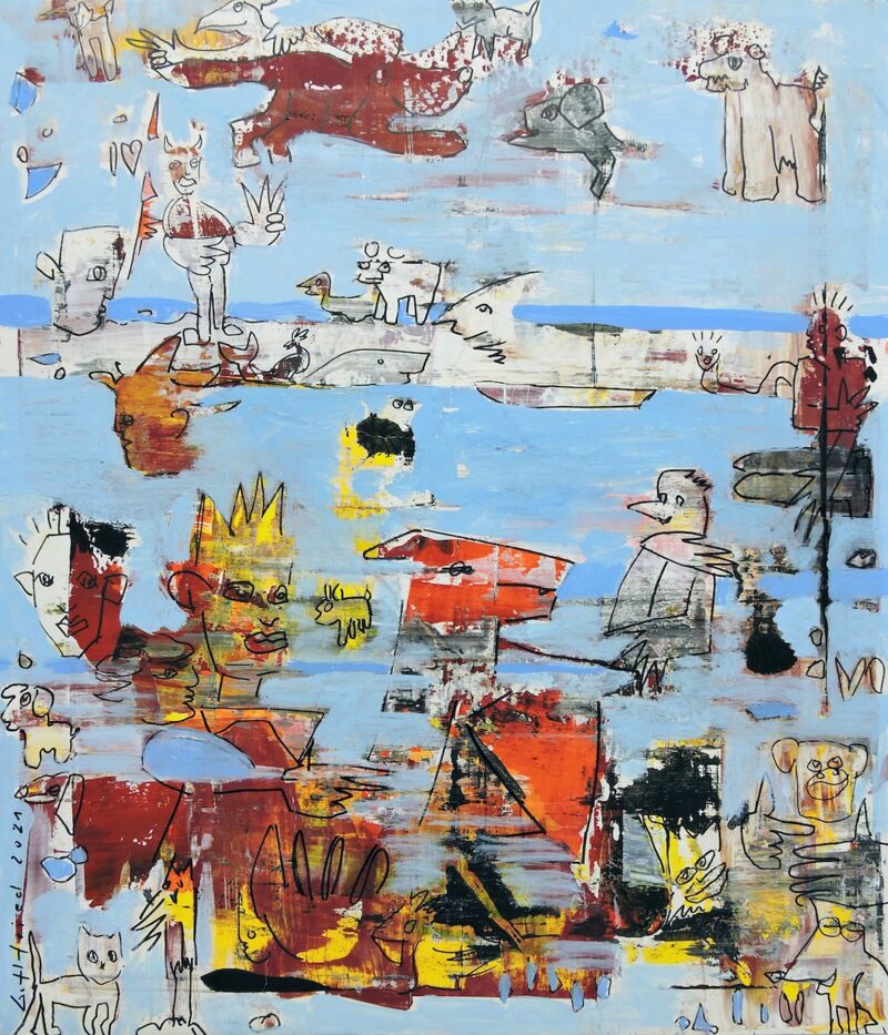 Tumult auf der Sandbank, Manuela Gottfried 2021, Acryl auf Karton, 60 x 70 cm, anfragen