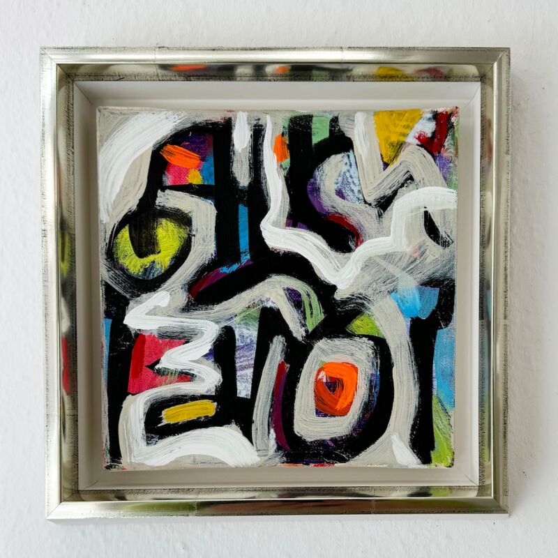 Luftikus, Manuela Gottfried 2024, Acryl auf Leinwand 20 x 20 cm in Rahmung Echtweißgold, anfragen