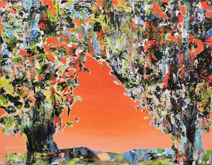 Feenbäume im Abendgold, Manuela Gottfried 2020, Acryl auf Leinwand, 90 x 70 cm